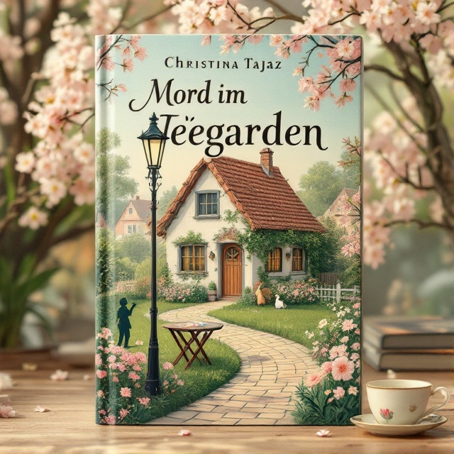 A quaint cottage at the center, surrounded by blooming flowers typical of spring. A winding street leading to the cottage with a vintage lamppost casting shadows of a person and a rabbit. In the foreground, a small garden table with a delicate teacup, and in the background, a tranquil village setting. The color scheme is soft pastels, featuring greens, pinks, and yellows creating a cozy ambiance.