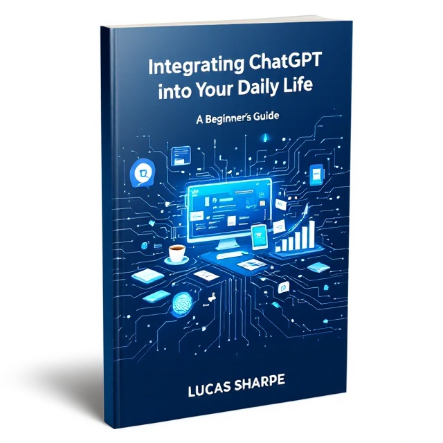 A sleek and modern design with a central illustration of a futuristic interface blending seamlessly with everyday objects like a coffee cup, laptop, and a smartphone. The color palette includes shades of blue and white, with circuit-like patterns subtly integrated into the background.