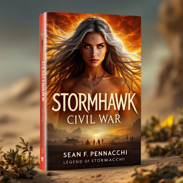 The cover features Stormhawk at the center, her figure regal and imposing as her silver-streaked hair streams into the fiery hues of a desert sunset. Her amber eyes pierce through the scene with intensity, framed by the distant silhouettes of the Green Water Tribe camp, complete with subtle outlines of tents and rising smoke indicative of life and storytelling. The land stretches vast and mysterious, with sparse desert flora at the bottom edge adding texture and intrigue, while her spear and ceremonial knife gleam subtly, symbolizing power and leadership.