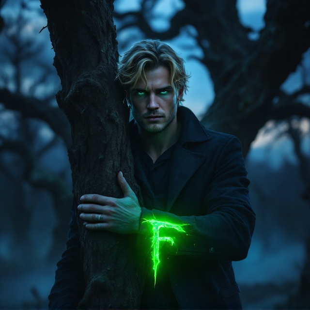 A man with blonde hair and piercing blue eyes leans against a dark, gnarled tree under a sky veiled in deep twilight hues. His expression is both mysterious and contemplative, his brow furrowed. A vibrant, glowing green 'F'-shaped mark is visibly etched on his forearm, casting an eerie luminescence on his skin. Shadows play around him, adding depth and an air of mystery. The background subtly fades into the misty outlines of an ancient, foreboding forest.