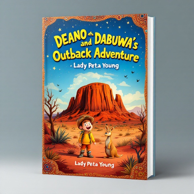 The cover features a vibrant depiction of Uluṟu as the centerpiece, flanked by a lively red desert landscape. Deano, dressed in a bright outfit, stands next to Dabuwa, a friendly kangaroo, both animatedly engaged in an exploration scene. The sky shimmers with subtle stars and birds, while the edges are enriched with Aboriginal art-inspired patterns.