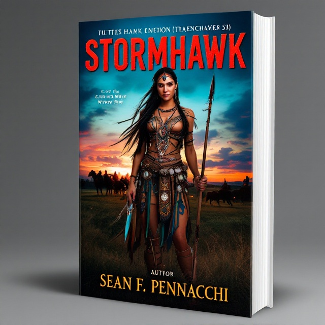 Stormhawk stands in the foreground, her powerful presence fills the cover with her traditional Cheyenne attire, adorned with intricate beadwork and feathers. Her decorated spear and ceremonial knife are prominently displayed, anchoring the corners of the cover. The background features the vibrant landscape of the Green Water Tribe's camp with distant campfires and lush greenery under a twilight sky. A subtle silhouette of galloping horses is depicted near the bottom, capturing the essence of the Western genre.