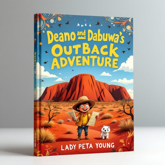 Uluru stands prominently at the center of the cover amidst a vivid red desert with its sweeping dunes. Deano, depicted with a mischievous smile and a wide-brimmed hat, holds an open map. Dabuwa, a playful white dog, is illustrated bounding ahead, exuding energy and excitement. Birds glide through a charmingly illustrated sky adorned with fluffy clouds, and subtle Aboriginal art patterns grace the borders, adding cultural depth.