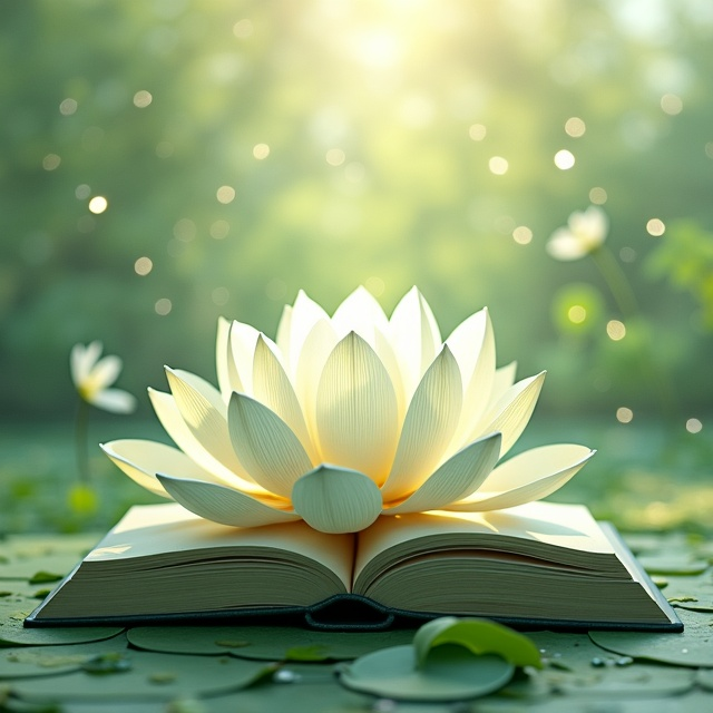 A serene scene with a large, intricate lotus flower in the center, surrounded by delicate geometric patterns resembling sacred geometry. Soft gradients of light green blend into the background, enhancing the aura of peace and enlightenment. The lotus petals unfold in a harmonious symmetry, symbolizing spiritual growth, with smaller ornamental details subtly surrounding the primary visual.