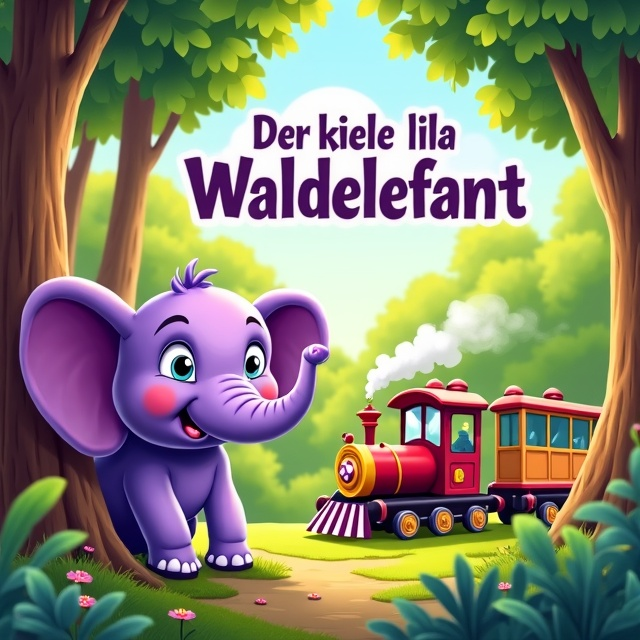 The cover features a vibrant forest scene with lush green trees, dappled sunlight, and playful wildlife. Dominating the foreground is an adorable, chubby purple baby elephant with large, curious eyes, peeking out mischievously from behind a tree. In the mid-background, a colorful, old-fashioned train snakes its way through the forest, its steam forming soft clouds in the sky. The forest setting is whimsical with cartoon-like styling, using a bright color palette to convey a sense of joy and wonder.
