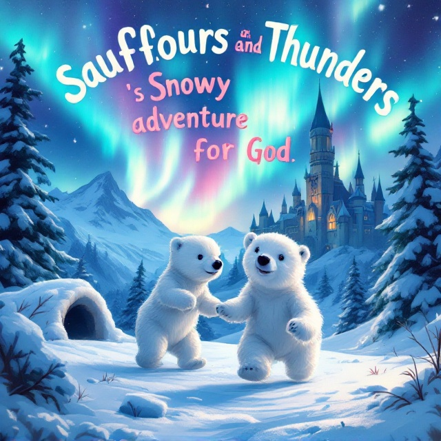 Two playful polar bear cubs prancing through a snowy Alaskan landscape. They are set against a backdrop of a majestic castle with Northern Lights illuminating the sky. The bears are near a den, showing a sense of home and discovery. The artwork is vibrant and colorful, capturing the magic of an Alaskan night illuminated by the auroras.