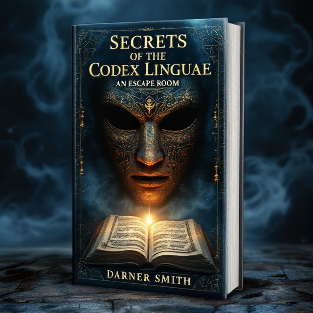 A shrouded ancient codex sits in the foreground, its pages glowing softly with hidden energy. Behind it, a mysterious mask looms large, covered in intricate symbols and glyphs. The background is a swirl of dark, swirling mist, adding an aura of mystery. The color palette features deep blues and earthy tones, with hints of gold to highlight the codex and mask.