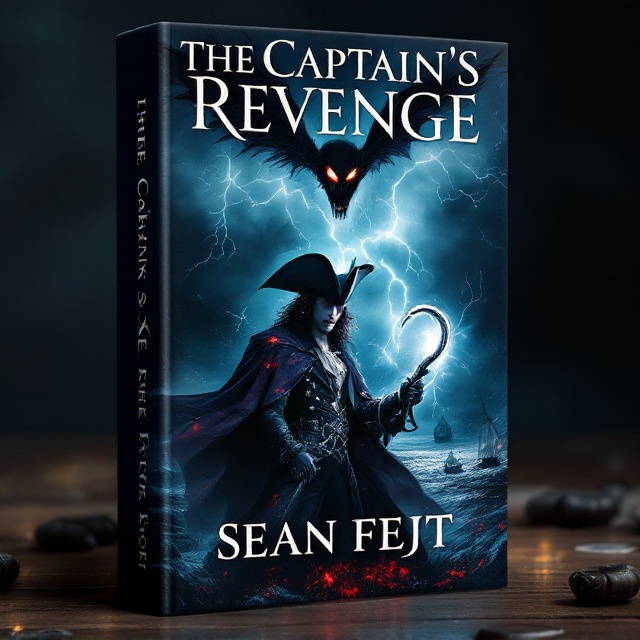 The cover features a dark, stormy seascape as the background, with lightning illuminating a ghostly ship in the distance. In the foreground, a sinister Captain Hook brandishes a gleaming, silver hook, while an evil version of Peter Pan hovers ominously above, with dark wings and glowing eyes. The colors are dark and moody, with deep blues, blacks, and splashes of violent red to signify revenge and danger.