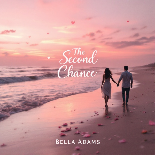 A serene beach scene at sunset, with a silhouette of a couple holding hands as they walk along the shore. Soft pink hues are prominent, with delicate heart-shaped clouds floating above. Gentle waves lap at the shore, and scattered petals are visible along the sand.