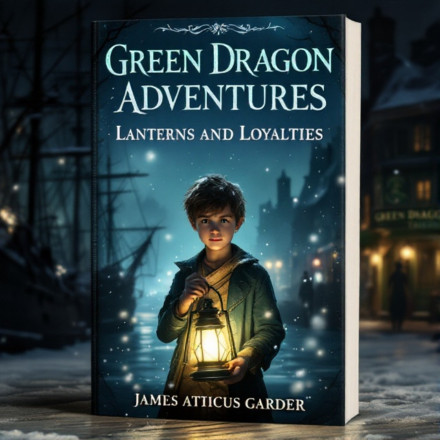 A dramatic nighttime scene captures a colonial harbor's essence. A young boy stands in the foreground, light and shadow playing across his face from a lantern he holds, snow delicately falling around him. In the background, silhouettes of ships and the Green Dragon Tavern add historical intrigue, their features softly illuminated.