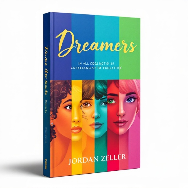 The cover features a vertical split into seven colorful sections. Each section is represented by a different bold color blue, purple, green, yellow, orange, red, and pink. Within each section, there is a detailed illustration of a character in their respective colors, capturing their distinct appearances and personalities. The central focus is an overlay of the word "Dreamers" at the top in a graceful, sweeping cursive in golden yellow, with "Jordan Zeller" in elegant white serif at the bottom.