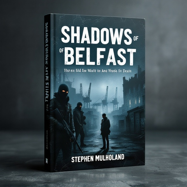 The cover features a moody and atmospheric scene, with a shadowy silhouette of Belfast’s skyline at the bottom. The Harland & Wolff cranes loom faintly through a misty haze. On the left side, a partially obscured paramilitary figure clad in a balaclava and military jacket holds an assault rifle. Opposite him, two indistinct RUC officers in riot gear add tension. At the center-bottom, a lone reporter stands, poised with a camera and notepad. The background texture mimics concrete, intensifying the gritty realism, while urban decay is illustrated by a derelict building and obscured graffiti. A faint cold light emanates from above, casting long, dramatic shadows for an eerie effect.