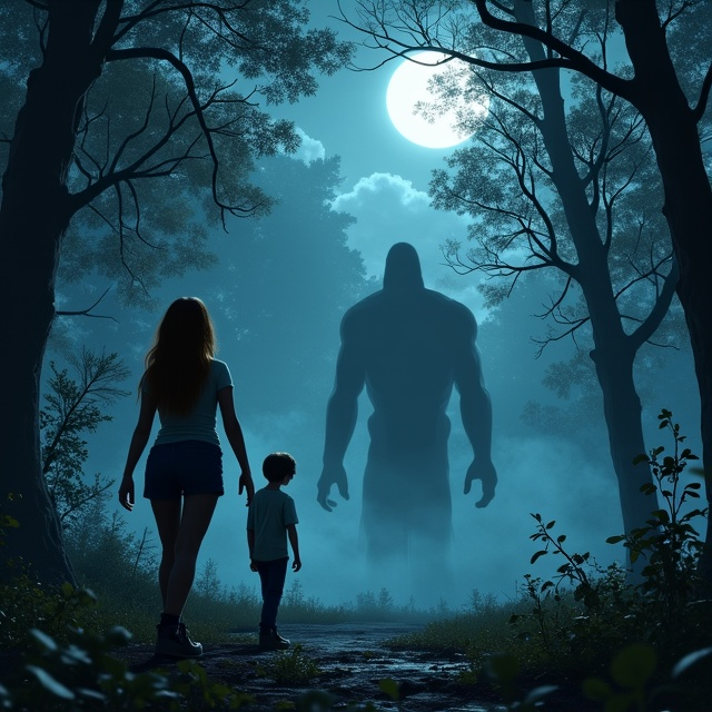 The cover depicts a lush, shadowy forest under a moonlit sky, with thick fog swirling around the feet of the characters. In the foreground, a girl resembling Elena from The Vampire Diaries Season 1 stands, gazing upwards with chocolate brown hair adorned with blonde highlights cascading down in loose waves. Just slightly behind her, a 17-year-old boy with dark brown hair and piercing hazel eyes looks around apprehensively. To the corner, an abandoned playground is dimly visible, adding to the eerie atmosphere. The silhouette of a monstrous shadow looms in the background, creating a sense of foreboding mystery.