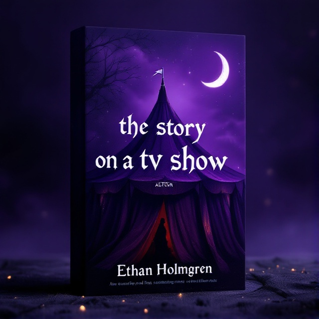 A mysterious and haunting circus tent stands under a crescent moon. Shadows stretch eerily from the tent flaps, casting illusions of sinister figures. The background is drenched in dark purple hues, creating an atmosphere of foreboding. A flicker of faint lights glimmers from within the tent, suggesting both allure and danger.
