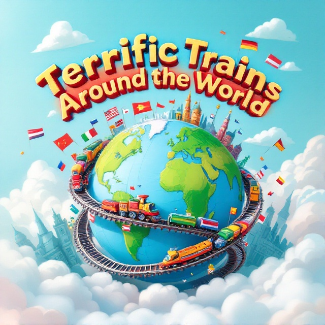 The cover features a central image of a charming, cartoonish globe wrapped in lively railroad tracks. Various trains, each designed with whimsical details that reflect different countries' cultural elements, travel around the globe. Surrounding the globe are playful renditions of international flags. The background is a vibrant mix of soft clouds and faint landmark silhouettes, enhancing the whimsical and fun theme.