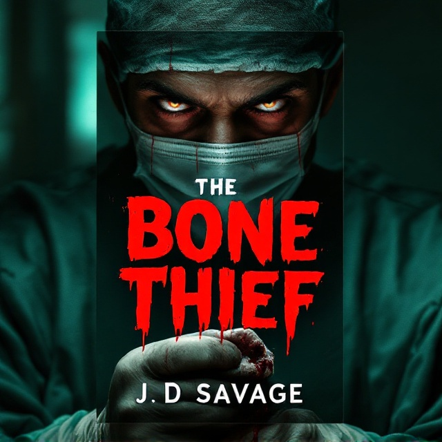 A dark, shadowy background with an eerie green tinge sets the scene. A doctor with piercing, menacing eyes is centrally positioned, wearing a surgical mask that partially obscures his face. In his gloved hand, he clutches a bloody bone that glistens ominously under a dim light source. Blood spatters subtly contrast against the muted tones.
