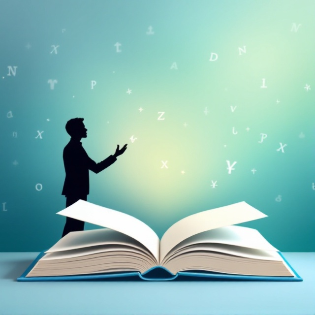 The cover features an open book in the foreground, slightly tilted to one side, and a silhouette of a person standing behind it, extending a guiding hand toward the open pages. The background displays a subtle gradient of blues and greens, symbolizing growth and learning, with faint, abstract symbols of different alphabets and punctuation marks scattered throughout.