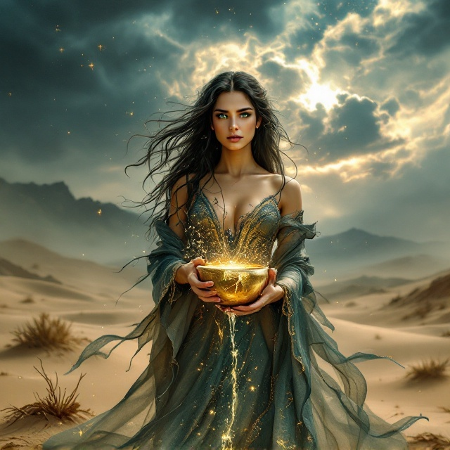 A central figure of a young woman with flowing dark hair and green eyes, dressed in a regal yet tattered gown, stands prominently in a barren desert landscape. She holds a cracked golden vessel spilling shimmering water that catches the light. Ghostly silhouettes of her fifty sisters appear mistily in the desert's background, beneath a dramatic, swirling, stormy sky. Faint divine symbols are subtly visible in the sky, adding intrigue. The primary color palette combines deep golds with accents of midnight blue and dark gray.