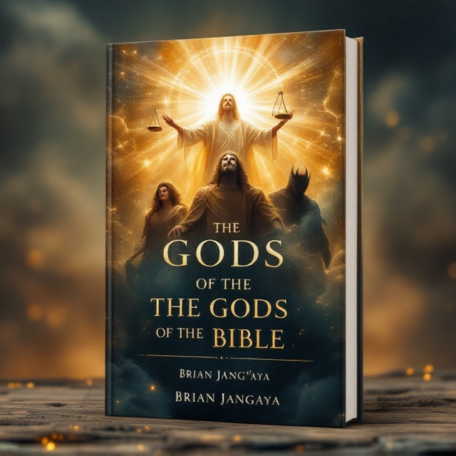 Three divine figures occupy the cover, each distinctively designed. The topmost figure is shrouded in ethereal light, embodying a sense of peace and ultimate power, with serene and wise features. Below, a stoic figure represents authority and judgment, holding a balance scale emanating golden light. At the bottom, a shadowy, malevolent figure lurks, its menacing visage partially obscured by darkness, symbolizing evil and its impending judgment. These elements are set against a celestial backdrop with swirling clouds and beams of divine light piercing through.