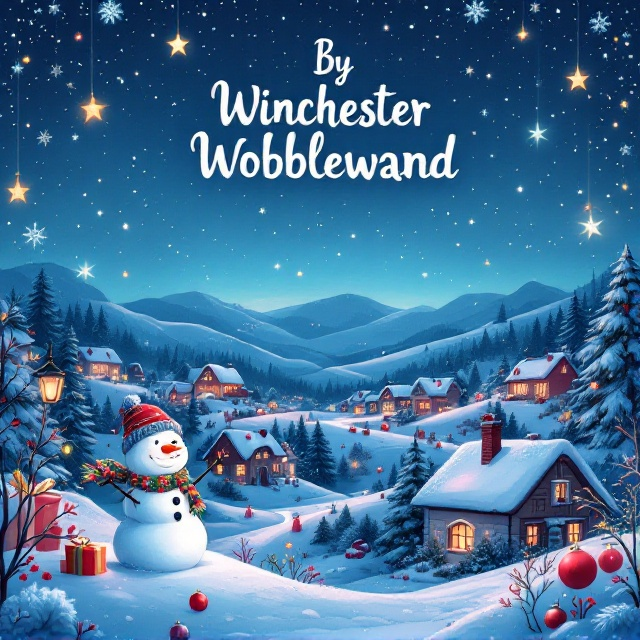 A winter wonderland scene featuring a snowy landscape with rolling hills. Twinkling stars scatter the twilight sky, and delicate snowflakes descend upon a village full of quaint, warmly lit homes. The foreground includes whimsical Christmas ornaments and garlands, some of which are draped over an animated snowman, adding to the charm.
