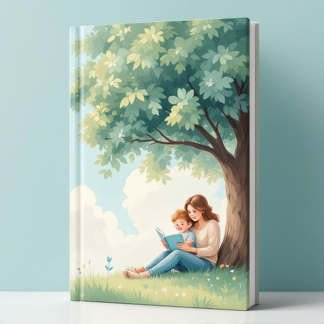 The cover features an illustration of a young child sitting on a parent's lap under a large, leafy tree. The scene depicts soft sunlight filtering through the leaves, creating dappled patterns on the ground. The child is smiling while holding a picture book, and both parent and child are looking at it with joy and fascination. The background includes soft clouds and a clear blue sky, evoking an atmosphere of calm and happiness. The color palette consists of pastel hues, predominantly blues, greens, and soft pinks for warmth and comfort.