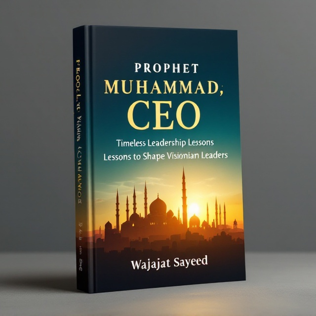 The cover features an elegant silhouette of a historic Middle Eastern city skyline at sunset, with minarets and domes in an ethereal golden hue. In the background, there is a gentle gradient transitioning from deep blue at the top to pure white at the bottom, symbolizing enlightenment and timeless wisdom. The silhouette is subtly enveloped by a soft golden light that radiates prosperity and leadership.