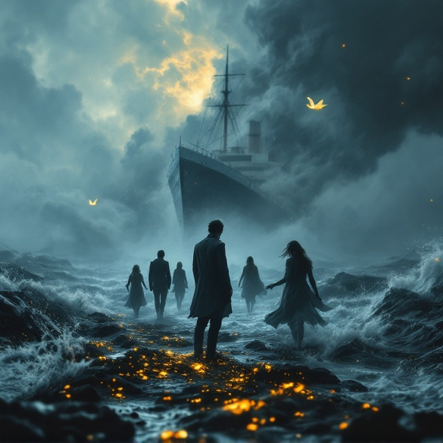 The cover portrays a somber and dramatic scene Florian standing in the foreground with a backdrop of swirling clouds and the tumultuous sea, signifying the intense emotions of faith, guilt, shame, and fear. Behind him, figures of Emilia, Joana, Ingrid, Eva, and Heinz are fading silhouettes on the run, representing their desperation. The golden swan symbolizing Florian's quest is subtle in the sky, while the silhouette of the Wilhelm Gustloff ship looms in the background, partially obscured by mist. The visual style is a mix of dark, muted colors with touches of gold to symbolize hope amidst despair.