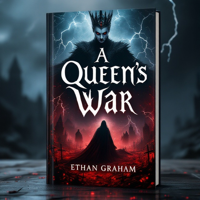 The focal point is a dramatic scene depicting an evil queen in a menacing pose, overshadowing a fallen queen in a mist-shrouded crimson battlefield. Jagged lightning illuminates the night sky, casting eerie shadows. A dark castle looms ominously in the background, enhancing the atmosphere of horror.