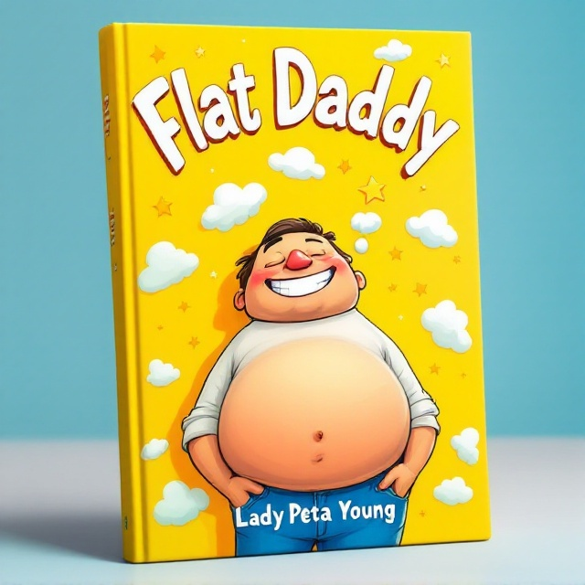 A cartoonish scene of a man, depicted with exaggerated features and a bright, friendly smile, bending backwards with a whimsical breeze puffing out from his belly button. This cartoonish man is set against a vibrant yellow background to evoke joy and playfulness. Surrounding him, puffs of clouds and stars add an additional fun element, appealing to children.