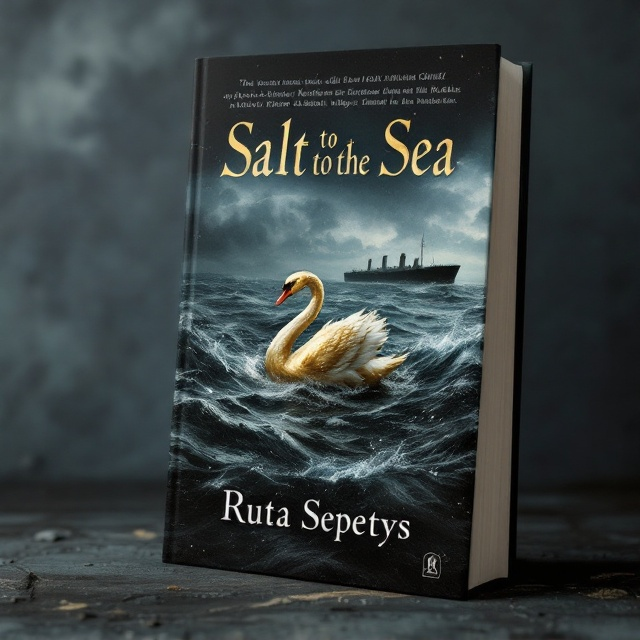 The cover depicts a dark, turbulent sea with the faint silhouette of the Wilhelm Gustloff in the background. Foregrounded is a golden swan, symbolizing Florian's inner courage. Surrounding the swan, characters Joana, Emilia, Heinz, Ingrid, Eva, and little Klaus are depicted in muted tones, their expressions filled with emotion as they look towards the horizon, embodying faith, guilt, shame, fear, sadness, and fleeting happiness.