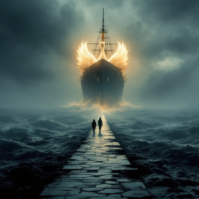 The cover features a somber, stormy seascape as the background, reflecting a world in turmoil and evoking feelings of fear and vulnerability. Silhouettes of Florian, Emilia, Joana, Heinz, Ingrid, Eva, and Klaus are positioned in the foreground on the run along a narrow path. A softly glowing image of the golden swan crafted from Bernstein stands above them, symbolizing hope and beauty amid chaos. The ghostly shadow of the Wilhelm Gustloff ship looms in the distance, half-obscured by mist and water spray to suggest an impending threat.