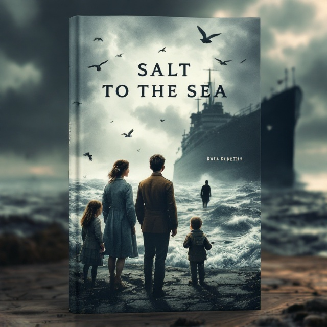 The cover shows Florian standing prominently at the center, his contemplative eyes scanning the horizon. Emilia is by his side, clutching her doll, and gazing up at him. Joana is positioned nearby, clutching her medical kit. In the distant background, Alfred, wearing his naval uniform, watches the scene uneasily. The dark silhouette of the Wilhelm Gustloff looms ominously against a stormy sea under a sky filled with gray clouds. Seagulls hover above, lending an eerie calmness juxtaposed with the turbulent waves.