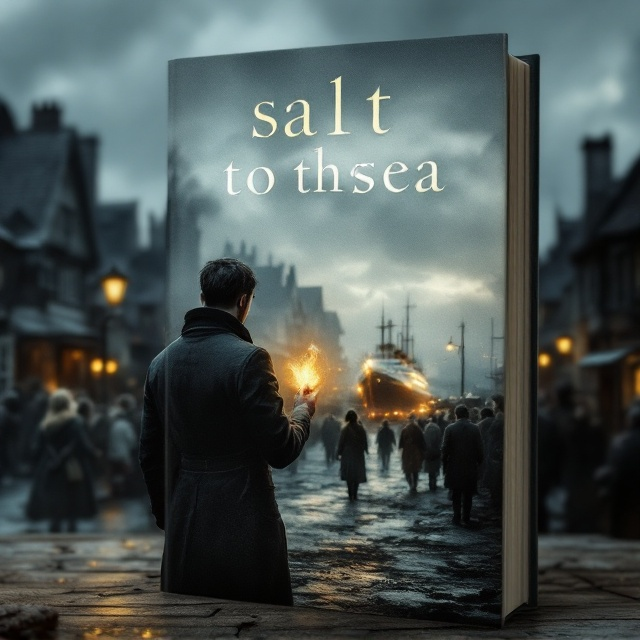 A moody, atmospheric cover showing the old village of Gotenhafen under an overcast sky. Florian stands in the foreground, his back turned to the viewer, gazing at the crowd and the distant port with the Wilhelm Gustloff docked. The amber swan is subtly glowing in his hand, drawing attention. Other characters are subtly placed around, their expressions revealing emotions of faith, guilt, shame, and fear, blending into the village scene.