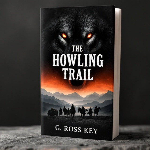 The cover features a stark black silhouette of a wagon train, including men on horseback, traveling across the lower part of the cover. In the background, a range of mountains stretches horizontally, adding depth. Above the mountains, over a dim orange horizon, looms the colossal head of a wolf. The wolf's eyes dominate the upper third of the cover, glowing a piercing red against a subtly shaded gray sky. The primary colors of black, orange, white, and gray create a mood of stark contrast and hopelessness.