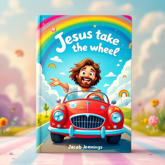 A joyful depiction of a cartoon Jesus character, smiling and driving a vibrant red car. The car, adorned with cheerful decals, is on a whimsical road that winds and loops through a bright, colorful sky filled with fluffy clouds. In the background, playful elements like rainbows and friendly animals add a magical and imaginative charm.