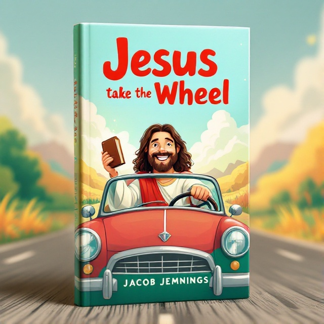 Jesus is depicted cheerfully driving a vibrant red and green car. His face exudes joy, and one hand firmly grips the steering wheel, while the other holds a bible, casting a gentle glow. The background showcases a sunny, picturesque landscape, symbolizing a safe and happy journey.