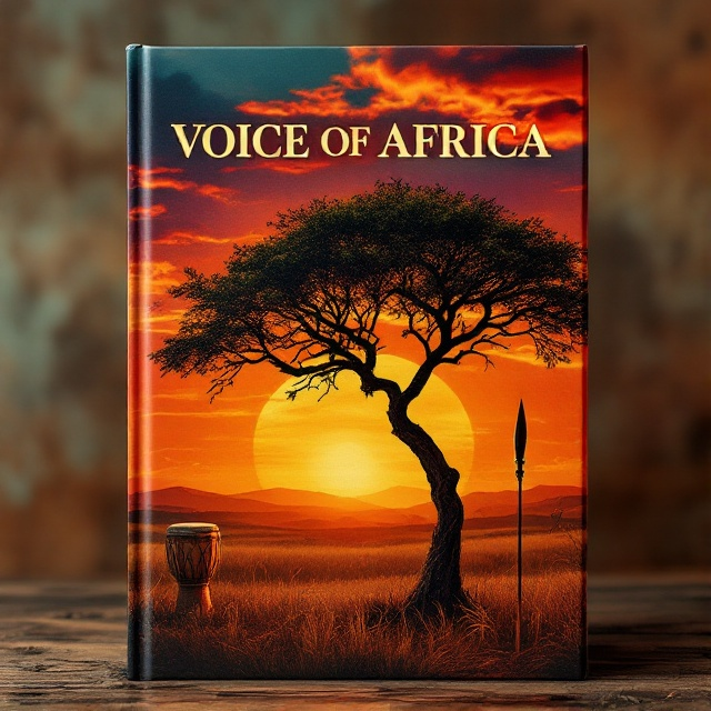 A vibrant scene depicting the vast African landscape at sunset, with a bold acacia tree silhouetted against a colorful sky of oranges, purples, and reds. The horizon subtly transforms into a map of Africa, emphasizing the continent's vastness and diversity. In the foreground, a traditional African drum sits beside a Maasai spear, symbolizing cultural heritage and strength.