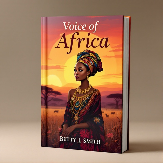 An illustration of an elegant African lady in traditional attire stands prominently in the center, with a serene expression and soft natural colors. The background features an African savanna landscape at sunset, with warm hues of orange, red, and purple that complement the lady's attire.