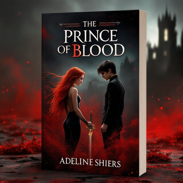 A dark, stormy landscape with swirling red dust dominating the foreground. In the center, a long-haired redhead girl in tight black clothes, wearing an emerald flower-shaped necklace, holds a gleaming sword. She faces a boy with black hair clad in black, his expression one of deep sadness. The background features a barely visible silhouette of a grand castle, partially obscured by the red dust.
