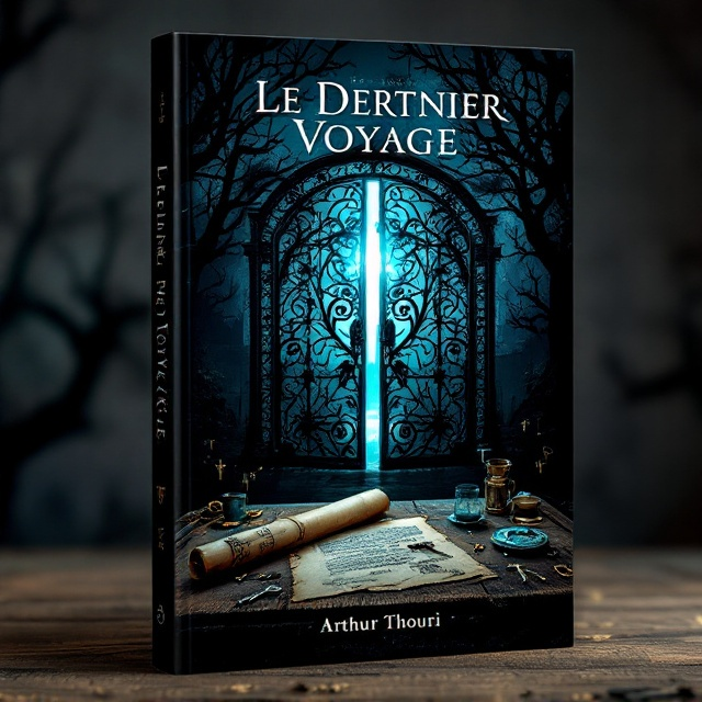 The cover features a central image of a slightly open, intricately designed, old metal gate with a mystical blue glow emanating from it. To the left of this gate, a blurred silhouette of Léa is visible; her partial face reveals a resolute gaze, poised on the edge of passage. An old table sits behind her, covered with ancient papers and a rolled parchment adorned with mysterious symbols. The background portrays a dark landscape, dotted with twisted tree shadows and a distant, crumbling cityscape, enhancing the mysterious and foreboding atmosphere. Scattered keys and metallic locks are integrated into the scene, symbolizing hidden secrets.