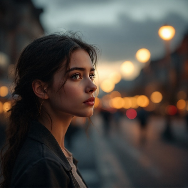 On the left side of the cover, a delicate, contemplative portrait of a teenage girl (17 years old) gazes into the distance. Her expression reflects loneliness, sadness, and introspection. The background showcases a city at dusk, illuminated by streetlights in soft hues of brown and gray, with blurred silhouettes of a few people suggestive of a bustling yet distant world.