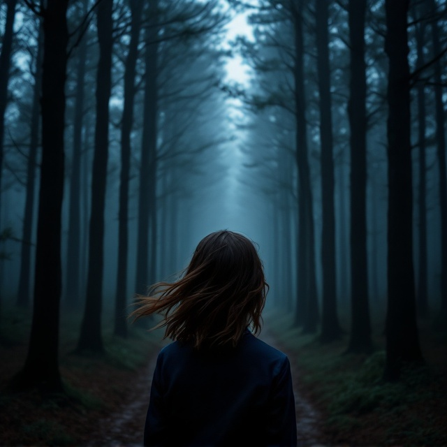 A forest enveloped in twilight stretches from edge to edge, casting elongated shadows created by the towering trees. The forest feels both encompassing and isolating, accentuating the emotion of aloneness. In the foreground, the silhouette of a girl is visible from behind. Her brown hair flows gently, blending softly with the surroundings, and her navy uniform stands out with its slight contrast against the dusky hues. The shadows seem to stretch toward her, emphasizing her solitude.