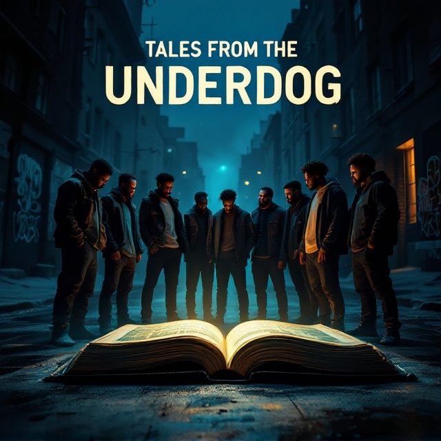 An atmospheric, dark-toned urban street scene dominates the cover. A group of young black men with varying hairstyles is depicted standing in the center of a dimly lit street, huddled closely around a massive, weathered book lying open on the ground, emitting a soft glow that illuminates their faces with expressions of awe and contemplation. The background features shadowy buildings, hinting at the cityscape of Black America with graffiti art on their walls, immersed in an enigmatic, nighttime ambiance.