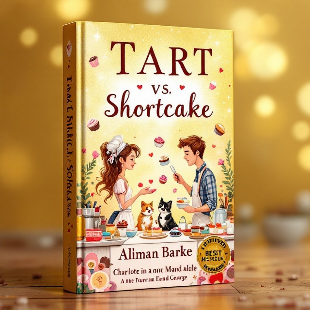 The cover features a fun and whimsical illustration of Sally and Viggo on one side, engaged in a playful competition, with Charlotte and George on the opposite side, adding to the romantic tension. In the background, a whimsical kitchen scene includes a pair of dogs chasing a cat who thinks it's a dog, while cupcakes and tarts fly into the air. A sparkling gold backdrop adds to the lively atmosphere.
