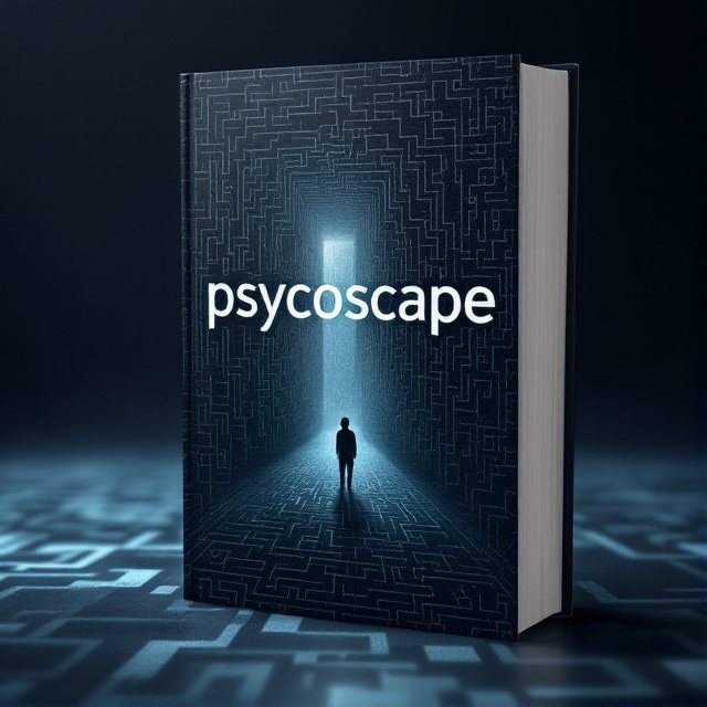 A labyrinthine pattern extends from the bottom right to the top left, with a shadowy figure obscured within the intricate maze, suggesting both mystery and the urgency of escape. Hazy hues of deep blue and black blend with sharp streaks of white light, as if capturing a moment of revelation.