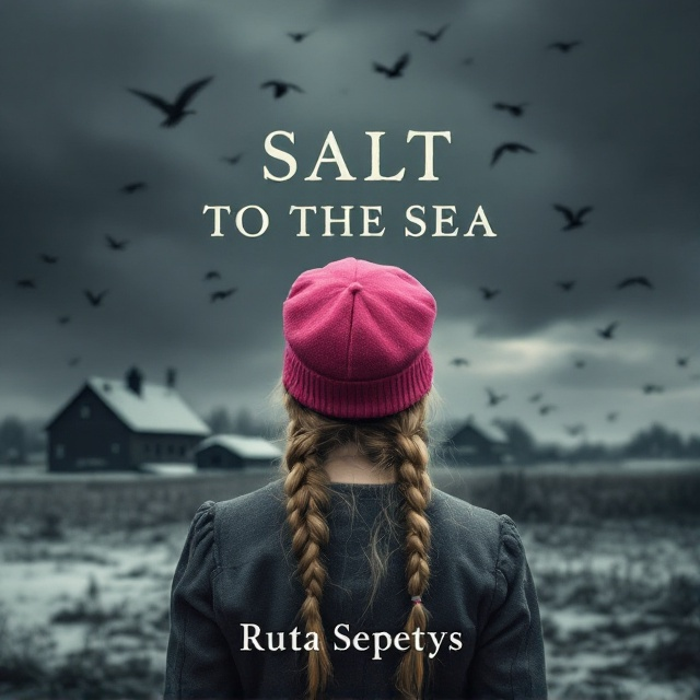 The cover features a somber and atmospheric composition. In the foreground is the back of a young girl with long, blond braided hair, wearing a bright pink hat that stands out against the rest of the dark landscape. She faces a distant farm, partially covered in a soft blanket of snow. The background transitions to a moody, dark gray sky in which a flock of storks flies across the cover, adding an element of movement and tension.