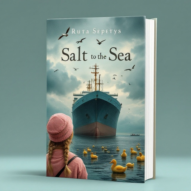 The cover features a young girl with blond braided hair and a pink hat, positioned at the lower section of the cover. She looks towards a massive refugee ship occupying the center-right area of the cover. The ship is surrounded by water, and small ducks are depicted floating nearby. Above, storks soar across a cloudy, somber sky, adding an element of foreboding and movement.