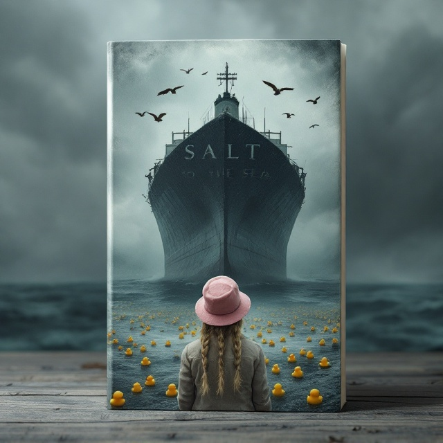The book cover features a haunting gray backdrop with ominous, swirling skies. In the lower front, a girl with blond braided hair wearing a distinct pink hat stands with her back to the viewer, adding intrigue and uncertainty. The focus is a massive, imposing refugee ship looming in the stormy atmosphere, its stark silhouette dominating the horizon. Surrounding the ship, tiny rubber ducks float helplessly, their bright yellow offering a striking contrast to the surrounding grayness. In the sky, a group of storks gracefully fly across, their wings outspread, symbolizing both freedom and foreboding.
