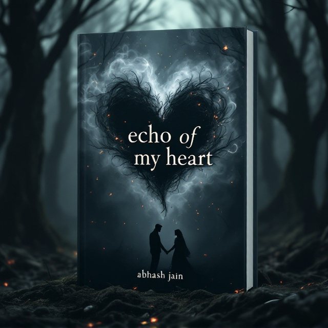 A dark, shadowy forest with twisted trees forms the background. In the center, a faded heart shape emerges from smoky, swirling mists. The mist is punctuated by small, glowing embers, giving a sense of burning from the heart. In the foreground, faint silhouettes of a couple reach toward each other, emphasizing themes of love and longing.