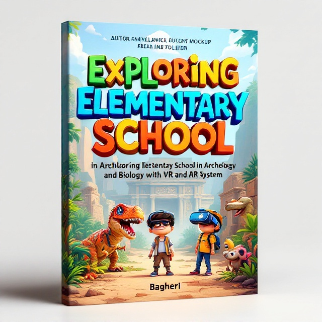 The cover features an animated scene of children with curious expressions exploring an ancient archeological site. The foreground shows vivid 3D images of dinosaurs and living creatures to the left. To the right, cartoon characters of archaeologists and scientists are depicted, each with VR headsets and AR tools. The background blends ancient ruins with a lush, vibrant natural habitat, makes a playful and enriching atmosphere.